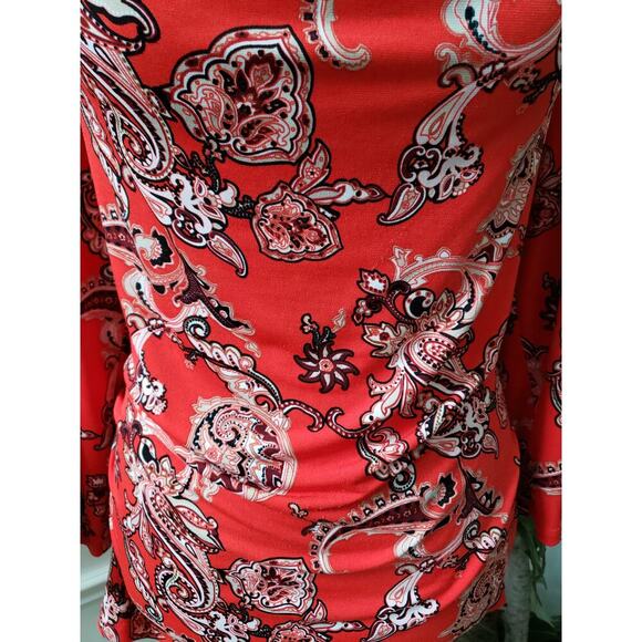 7th Avenue Blouse Women L Red Paisley Stretch Long Sleeve Ruched Cowl Neck Top - Picture 7 of 13
